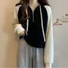 Ropa para Mujer Tallas Grandes 2025 Nuevo Otoño e Invierno Sudadera de Manga Larga para Mujer con Parches Mangas Raglán Estilo Coreano Bloque de Color Top con Cremallera y Capucha