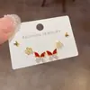 Conjunto de Pendientes de Tres Piezas Estilo Coreano, Moderno y Sencillo, con Incrustaciones de Diamantes, Bloques de Color y Mariposa Roja para Mujer, Pendientes Versátiles de Lujo Ligero Exquisito al por Mayor