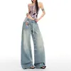 Jeans Anchos Naranja Infantil con Patrón de Bigotes de Gato, Diseño Lavado, Corte Holgado, Adelgazantes, Modernos, Versátiles, con Cordón, de Largo hasta el Suelo para Mujer.