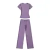 Pantalones Sueltos/Suaves y Cómodos con Caída para Mujer, Pantalones de Yoga de Pierna Ancha hasta el Suelo, Conjunto de Top de Manga Corta para Gimnasio