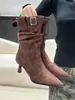 Botines de Punta Fina con Hebilla y Tacón Delgado para Mujer Otoño/Invierno 2025 Botas Apiladas de Gamuza Botines de Tacón Alto con Estampado de Leopardo