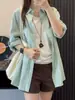 Camisa azul de lino estilo francés para mujer, top de manga larga para el verano con protección solar, chaqueta camisa de algodón y lino estilo casual holgado 'old money'