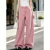 Diseño Chic Pantalones Casuales de Pierna Ancha Sensación de Alta Gama Rosa Jeans Versátiles Pantalones Largos hasta el Suelo para Mujer Cómodos Adelgazantes