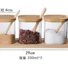 Conjunto de potes de vidro retos para temperos de cozinha caixa de temperos de vidro para casa garrafa de tempero pote de sal tampa de bambu colher de madeira de três peças