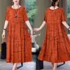 Vestido para Mulheres, Comprimento Médio, Vestido de Verão para Mãe, Vestido Longo de Algodão e Seda Acima do Joelho, Roupa para Mulheres de Meia-Idade, Vestido de Praia Curto-Manga Tamanho Grande para Mulheres