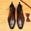 [Pré-Venda Indisponível] Botas de Couro de Cano Alto de Inverno para Homens, Calçados Formais de Negócios, Botas de Couro Genuíno com Bico Fino e Polimento Colorido Britânico para Homens