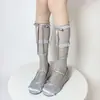 Calcetines holgados con ribete de encaje para primavera y verano, calcetines altos de malla fina Lolita Jk con rayas verticales y lazo de purpurina fina para la pantorrilla