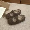 Zapatos peludos para mujer, para usar al aire libre en invierno, estampado de leopardo retro, de una correa, Mary Janes con forro polar, zapatos de algodón cálidos de suela plana y suaves para mujer