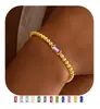 Pulsera de Regalo de Cumpleaños para Mujer, Cuentas Redondas Doradas, Pulsera de Cuerda Elástica con Circonitas de Colores, Pulsera de Cuentas Doradas con Piedra de Nacimiento