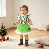 Conjunto Navideño para Bebé Bolas de Colores Navideños Copo de Nieve Mangas Acampanadas Pelele Corazón de Felpa Verde Tirantes Falda Conjunto de Tres Piezas