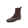 Botas Meia de Tricô com Pele de Ovelha Femininas Elásticas Curtas Outono Novo Couro Genuíno Bico Quadrado Salto Médio Bloco Envolve a Perna Emagrecimento Botas Individuais Botas Femininas