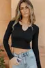 Amazon otoño e invierno moda europea y americana mujer canalé ajustado corto manga larga top corto camisa francesa disponible