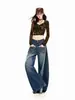YECHUAN # Jeans de mujer de tiro bajo con bordado en los bolsillos, colección otoño 2026, corte holgado, adelgazante, pierna ancha, pantalones de largo hasta el suelo