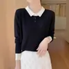 Outono/Inverno 2026 Novo Tricô Color Block Francês Gola Lapela Pulôver de Outono Antecipado Feminino Gola POLO Camada Base de Tricô Fino Feminino