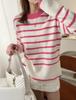 Suéter Pulôver Listrado Feminino de Outono e Inverno com Fenda Lateral Estilo Japonês Solto Preguiçoso Tricô de Outono e Inverno