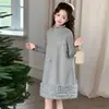 Conjunto de Vestido Chaleco de Lana con Lazo Nuevo Otoño/Invierno para Niñas, Conjunto de Dos Piezas de Vestido de Encaje Espeso de Invierno para Niños