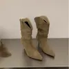 Botas de tacón alto apiladas plisadas de gamuza mate modelo nuevo 2026 para mujer, Botines sexys de tacón fino con punta fina, Botas de moda adelgazantes