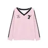 Sudadera con Estampado de Letras Americanas, Cuello en V, Manga Larga, para Mujer, Otoño, Gris, Empalme Único de Encaje, Top Casual Holgado