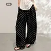Pantalones casuales de lino con lunares para mujer, cintura elástica, versátiles, holgados, estilo perezoso, pantalones rectos de pierna ancha finos para verano