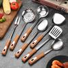 Utensílios de cozinha com cabo de imitação de madeira, espátula de aço inoxidável, colher com vazamento, colher de sopa, colher para fritar, colher de arroz, conjunto de espátula de cozinha