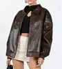 Top Feminino Manga Longa Puleather Estilo Americano Retro Face Brilhante 2024 Outono Novo Design com Senso Lapela Costura Zíper Jaqueta