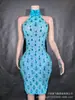Vestido de Festa Cocktail Sexy de Malha Transparente Xadrez de Gola Alta Sem Mangas com Strass Brilhante Estilo Europeu e Americano