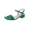 Sandalias de Tacón Grueso para Mujer 2022 Verano Nueva Llegada Calzado Exterior Hebilla de una Sola Tira Zapatos de Tacón Alto Combinación de Colores de Moda Zapatos de Tacón Medio para Mujer