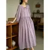 Vestido Artístico de Algodão e Linho Retrô Simples Casual Longo Feminino Solto Bainha Larga Longo Cor Sólida Vestido de Camada Dupla