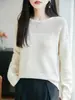 Suéter de Tricô Gola Redonda 100% Algodão Novo Outono/Inverno 2026 Manga Longa Feminino Cor Sólida Vazado Solto Camisa Base Top