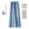 Jeans de mezclilla con pedrería azul para mujer, colección otoño 2026, pantalones rectos de cintura alta, holgados y estilizados, pantalones de pierna ancha estrecha
