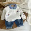 Moletom Infantil Menino Roupa de Primavera 2025 Nova Estilosa Falso Duas Peças Primavera e Outono Estilo de Rua Casual Top Conjunto Bebê