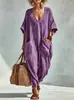 Mono de Lino Falso y Algodón de Verano Transfronterizo 2026 para Mujer, Cuello en V Holgado, Bolsillos Grandes, Pantalones de Linterna, Vacaciones en la Playa