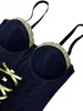 Moda Corset de Renda com Cadarço e Detalhe Espinha de Peixe em Jeans, Camisola de Renda Versátil, Top Slim-Fit Valorizador sem Costas com Bojos para Roupa Externa