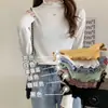 Top de capa base para mujer con adorno de orejas de gatito, otoño e invierno, cuello semi-alto, amigable con la piel, cálido, alta elasticidad, camiseta de manga larga, color liso, con adorno de volantes