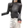 Camiseta Térmica Gris de Cuello Medio Ajustada para Mujer, Nuevo Estilo Otoño e Invierno 2025, Top de Manga Larga Ajustado Capa Base