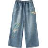 Jeans de Pierna Ancha Estilo Literario para Mujer Bordados Cintura Elástica Elástica Rectos Adelgazantes Sueltos Pantalones de Chicas Gorditas de Moda
