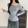 Outono e Inverno Algodão Puro Canelado Puro Desejo Design Sutil Manga Longa Camiseta Feminina Ombro Único Ombro Diagonal Camada Interna Camada Base Top
