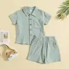 Amazon Verano Algodón y Lino Estilo Casual Manga Corta Cuello Camisero Polo Color Sólido Traje de Dos Piezas de Verano para Niños
