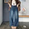 Foto real de jeans wide leg estilo retrô americano para mulheres, nova coleção de outono, design de cintura alta, calça longa lavada de perna reta afina a silhueta