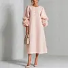 Vestido midi transfronterizo de manga abullonada con cierres de nudo hechos a mano y puños florales tridimensionales, con un diseño de falda recta acampanada para mujer