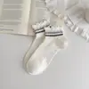 Meias Femininas para Primavera e Verão, Meias de Algodão Penteado com Renda, Leves e Respiráveis, Meias Femininas de Cano Médio com Borda Franzida, Meias Zhuji