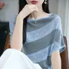 Novo estilo de verão Lyocell ombro a ombro crochê solto morcego manga curta malha de linho top elegante para mulheres