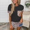 2021 Europa e América Amazon deseja verão transfronteiriço Mulheres de leopardo costurando bolso pescoço redondo manga curta camiseta top mulheres