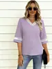 2026 Nueva Camiseta de Verano Transfronteriza de Encaje Estilo Elegante Moda Color Sólido Cuello en V Corte Regular para Mujer