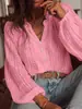2026 Transfronterizo Amazon Estilo Nuevo Primavera y Otoño Holgada Moda Versátil Encaje Hueco V de un Solo Botón Manga Larga Camisa