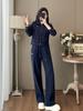 Traje de Mujer a la Moda para Primavera y Otoño 2026, Estilo Nuevo, Casual y Elegante, Gama Alta, Conjunto de Dos Piezas de Chaqueta Cardigan Azul Oscuro y Pantalones de Pierna Ancha