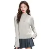 Camisa base de tricô cinza estilo coreano com gola alta meia para mulheres, suéter elegante de outono de alta qualidade, blusa interna modeladora