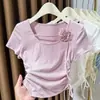 Diseño Talla Extra Camiseta de Encaje Rosa para Clavícula para Mujer Manga Corta Dobladillo Irregular Cordón Top Corto