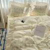 Juego de Cuatro Piezas de Algodón Lavado de Grado A Suave y Amigable con la Piel Estilo Francés, Funda Nórdica Estilo Princesa, Juego de Sábanas de Tres Piezas, Ropa de Cama para Dormir al Natural
