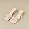 Sandalias Transparentes Exquisitas con Pedrería para Mujer Verano 2025, Tacones Altos Estilo Hada, Sandalias de Cristal con Punta Cuadrada y Tacón Grueso